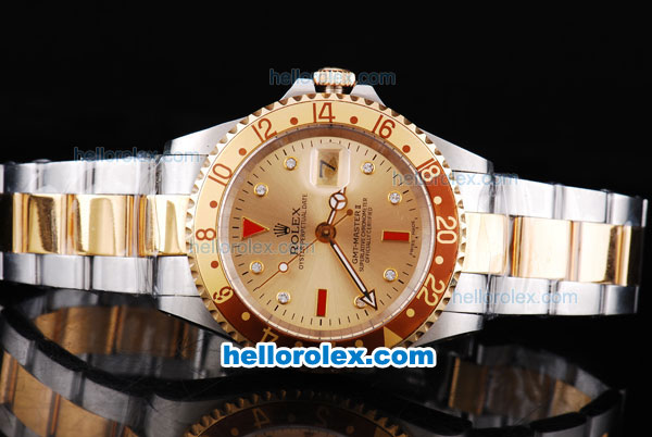 Rolex GMT Master II Automatic Movement Gold Dial with Gold Bezel and Diamond Marking-Two Tone Strap - Click Image to Close